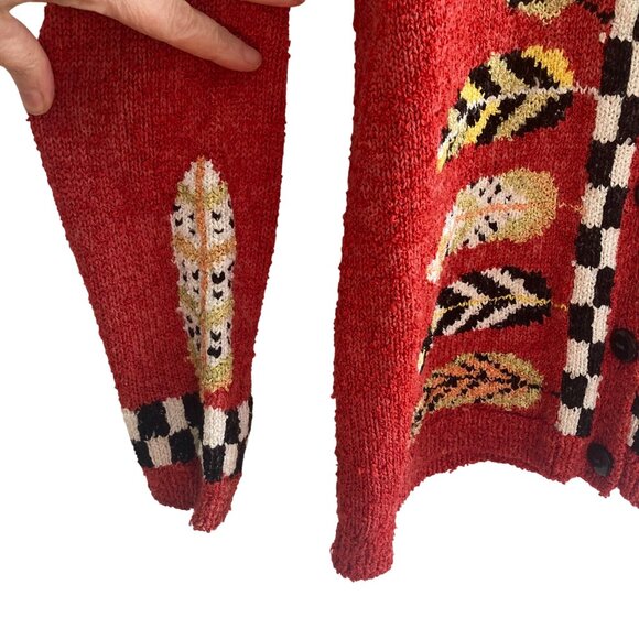 Vintage South Cotton Orange Cardigan Sweater Large Leaf Pattern Cottagecore - Picture 5 of 8